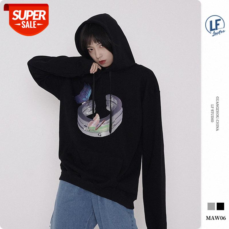 

LawFoo Men's Butterfly Ring Printed Loose Hooded Sweatshirt #YU6z, Black