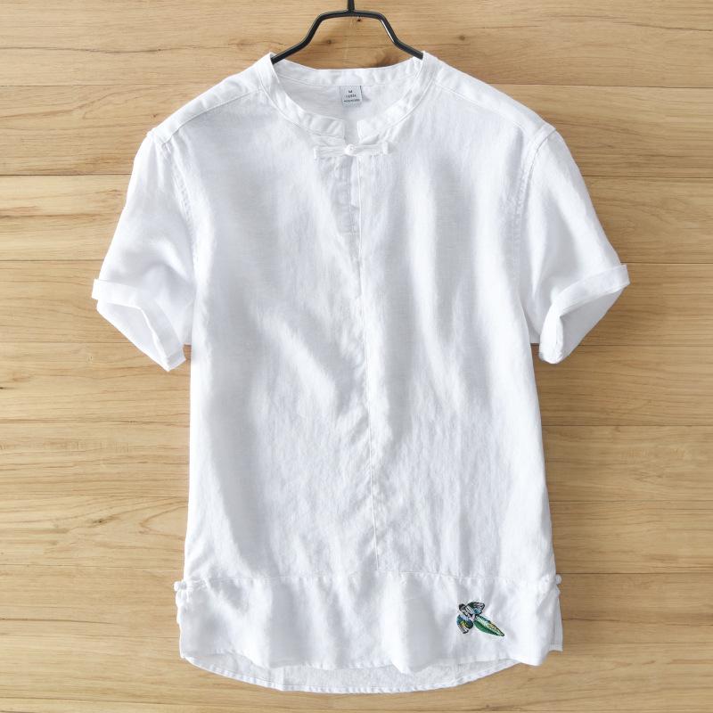 

Men's Pullover Solid 100% Linen Shirt Men Summer Breathable Flax Short Sleeve Camisas Para Hombre Male TS-642 Casual Shirts, Blue