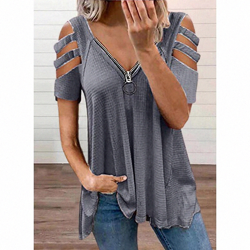 Women's Tunic Blouse Shirt Plain Solid Colored Zipper V Neck Off Shoulder cold shoulder Basic Elegant Casual Tops Blushing Pink Red Wine Gra