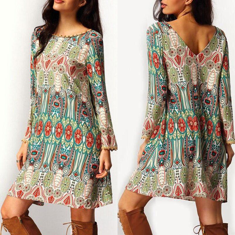 

Casual Dresses Women Ethnic Floral Boho Short Dress Long Sleeve Loose Summer Beach Mini Sundress Vintage Elegant Vestido, As picture