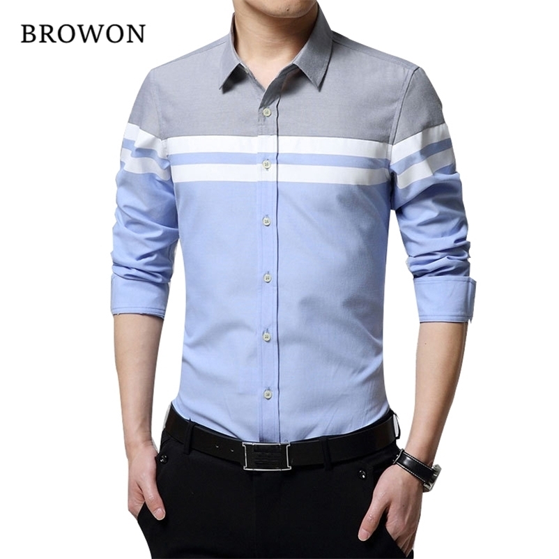 

BROWON Fashion Mens Shirts Brand Clothing Slim Fit Patchwork Stripe Clothes Male Long Sleeve Shirt for Men Camiseta Male 210708, White