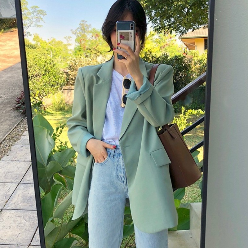 

Vintage Chic Loose Light Green Women Blazer Summer One Button Female Suit Jacket Full Sleeve Outwear femme 210518, Picture color