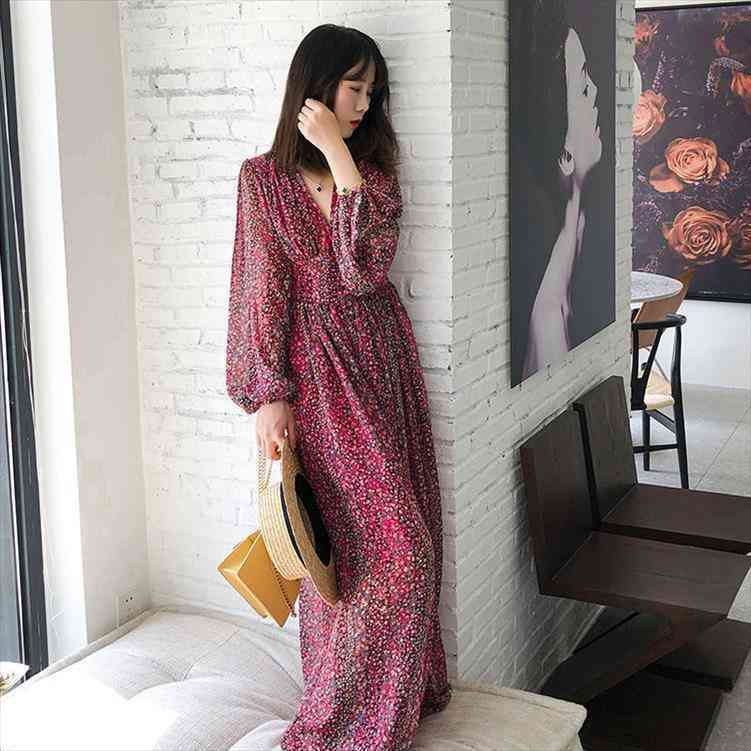 

autumn printed puff sleeve printed v-neck dress woman dress vestido de mujer femme robe, Black;gray