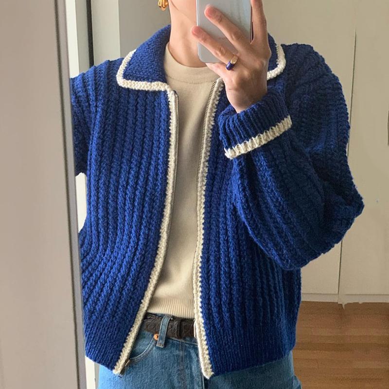 

Women's Knits & Tees Sueters De Mujer Korean Chic Autumn Retro Long Sleeve Hit Color Lapel Zipper Sweater Knit Coat Loose Twist Blue Cardiga, White
