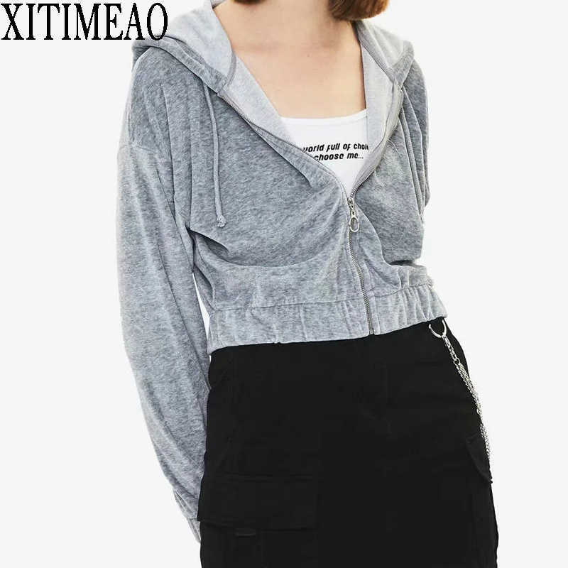 

Autumn Winter Women Velvet Short Hooded Wei Clothing Warm Zipper Coat Casual Sports Tops Femme 210604, Light grey