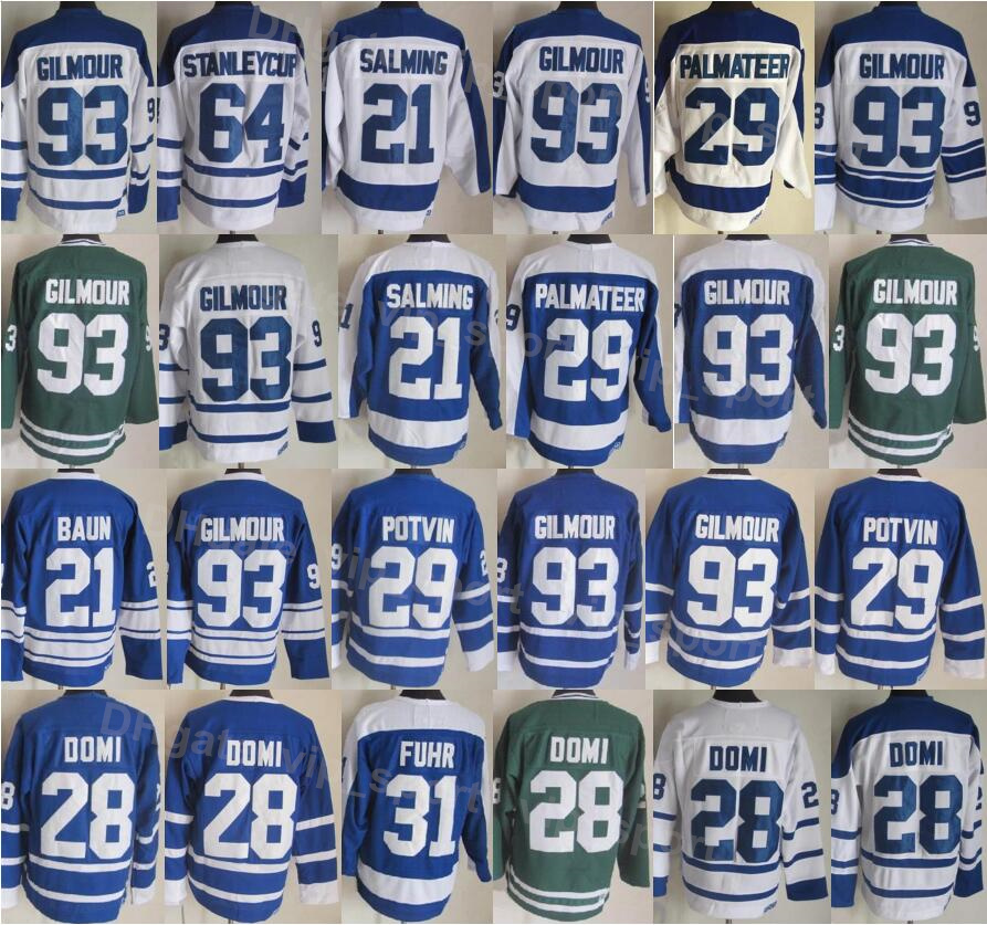 

Men Vintage Retro Ice Hockey 93 Doug Gilmour Jerseys 29 Mike Palmateer 21 Borje Salming 64 Stanleycup 29 Felix Potvin Breathable All Stitched Blue Whte Green FengYe, 21 blue