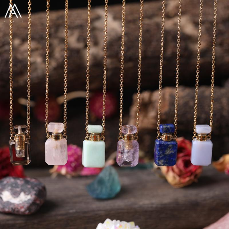 

Plated Gold Chains Small Perfume Bottle Natural Gemstones Pendants,Quartz Crystal Essential Oil Diffuser Vial Necklace Charms