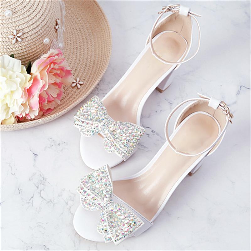 

Women Sandals Crystal Bow Tie Wedding Shoes Pumps 7cm High Heels Bride Ladies Ankle Strap Plus Size, 2cm white