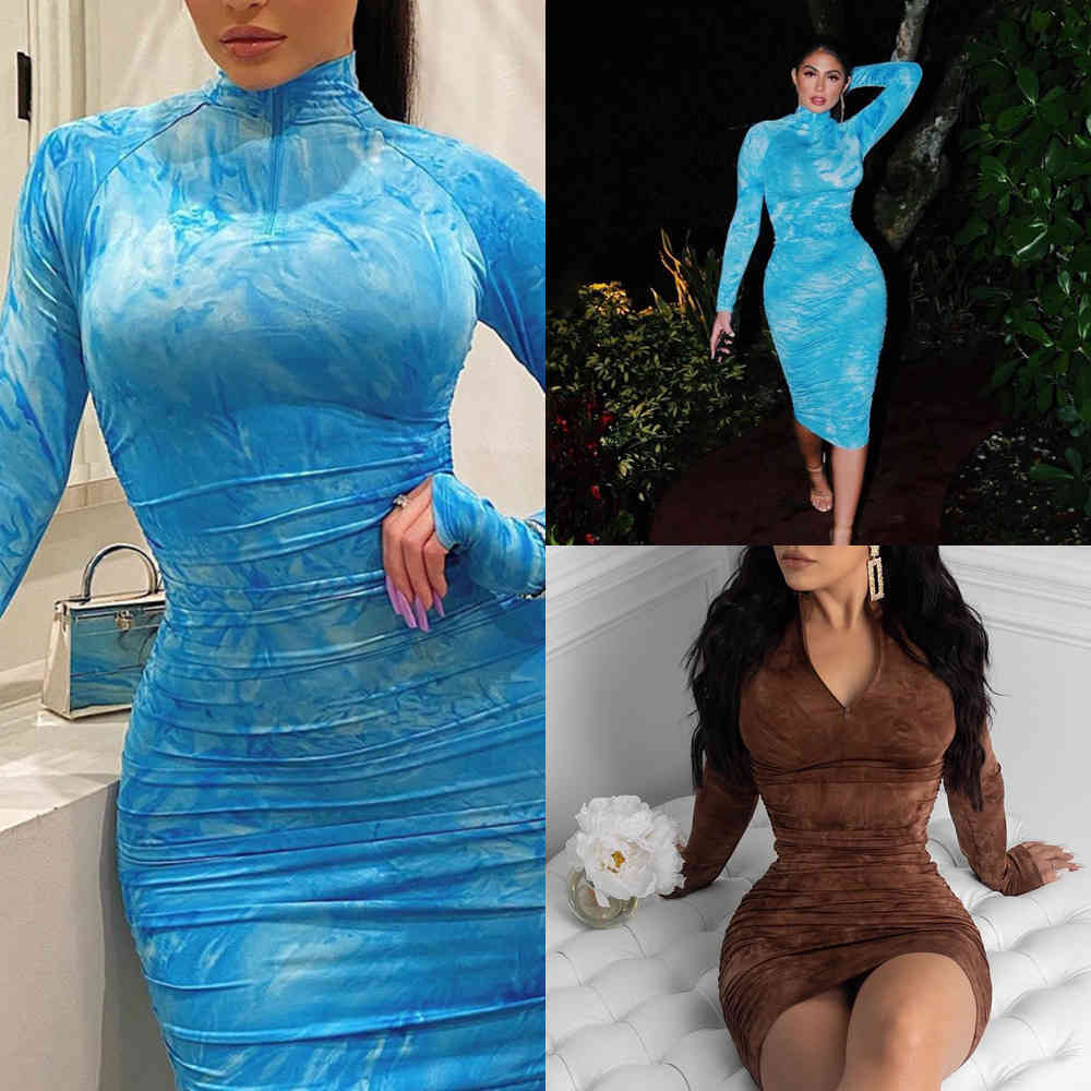 

Women Long Sleeve Dress Fashion Tie Dye Round Neck Printed Zipper Pencil Skirt Nightclub Party Casual Ladies Evening Dresses, Blue