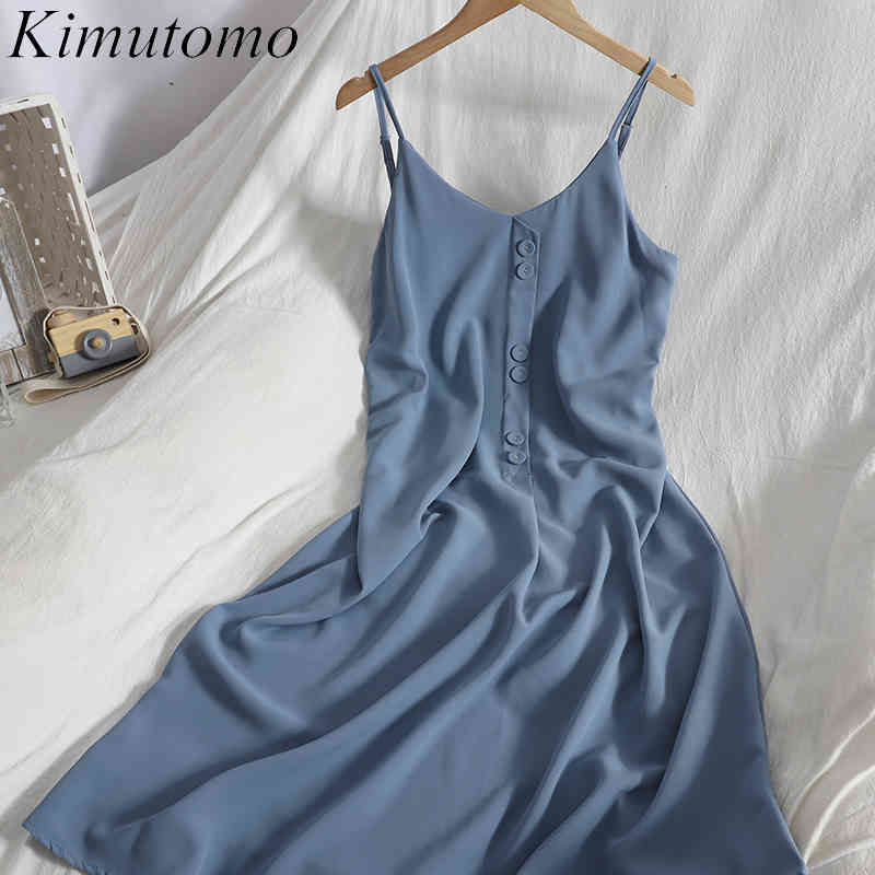 

Kimutomo Elegant Dresses Women Spring Summer Thin Solid Color Clothes Korean V-neck Breasted Gentle Dress Female 210521, Blue