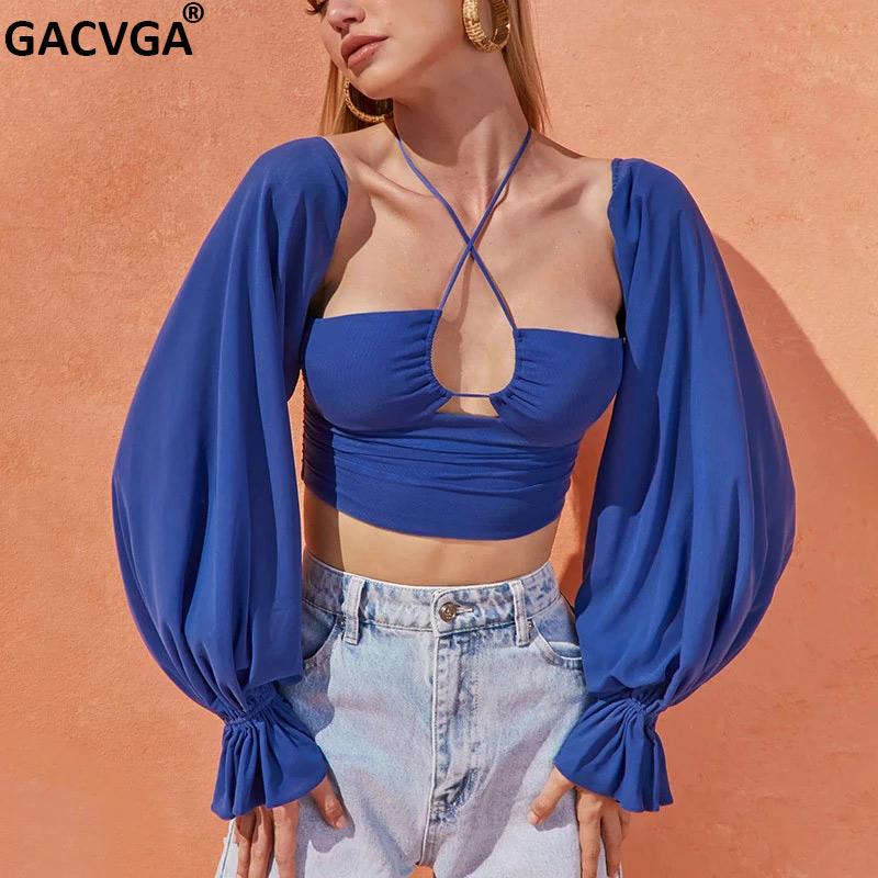 

Women' T-Shirt GACVGA Halter Hollow Out T Shirt Women Solid Backless Lantern Long Sleeve Crop Tops Femme Summer High Street T-Shirts 2021, Black