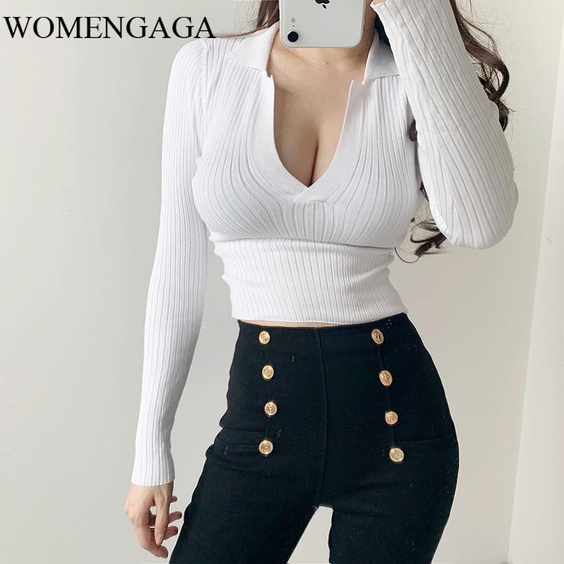 

Women's Sweaters WOMENGAGA Autumn French Small Lapel Solid Color Simple Slim Long Sleeve Knitted Bottoming Tops Sweater Sexy Womens JB2K, Blue
