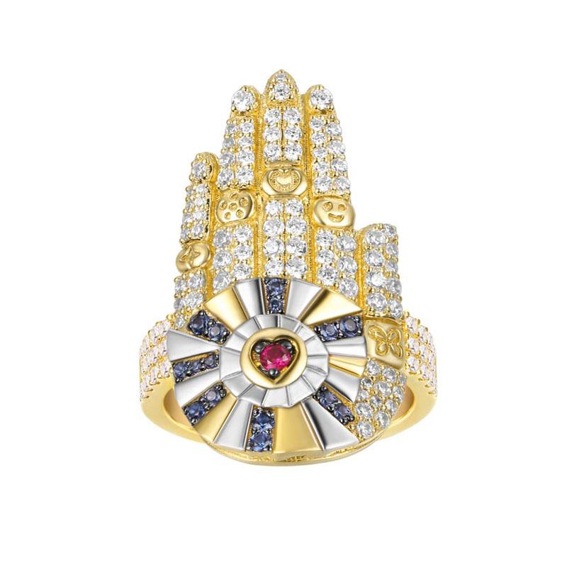 

Cluster Rings SLJELY Luxury 925 Sterling Silver Yellow Gold Color Hamsa Hand Lucky Palm Micro Cubic Zirconia Stones Fine Women Jewelry