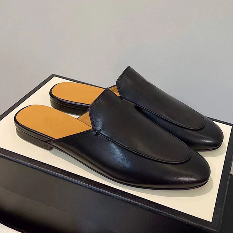 

spring and fall Classics Womens Flat Lazy slipper sandal soft Leather with buckle Women shoes Ladies Casual Outdoor Lawn Rubber sole shoe slippers big size 35-42, Black