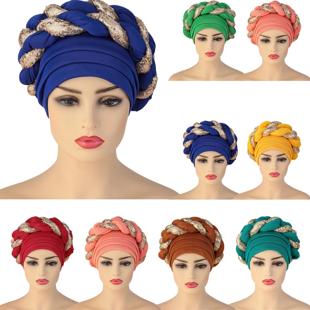 

Fashion African Auto Geles Aso Oke Headtie Already Made Headties Shinning Sequins Turban Cap for Women Ready Female Head Wraps, Mixed color