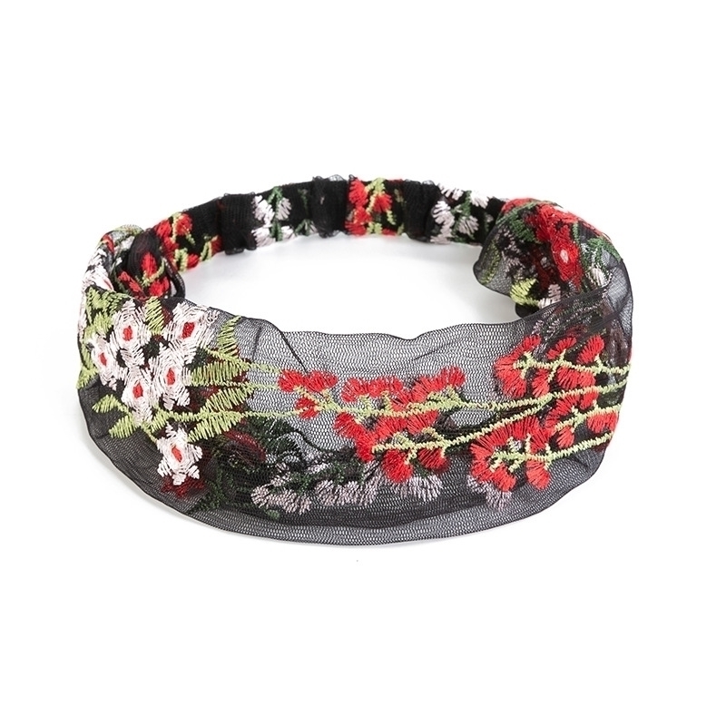 

wide Embroidered lace mesh head BANDANA elastic head turban band hair accessories