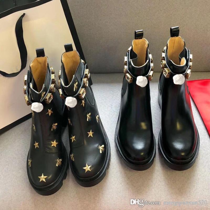 

Martin short boots 100% cowhide Belt buckle Metal women Shoes Classic Bee Thick heels Leather designer High heeled Fashion Diamond Lady boot Large size 40-41-42 us4-us11, Black+bee