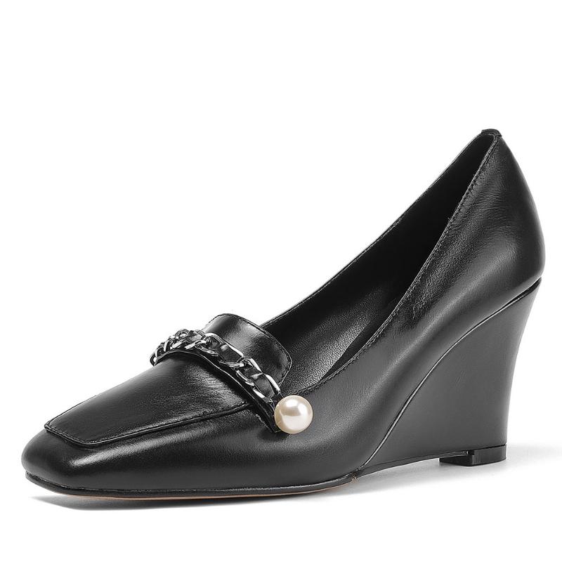 

Dress Shoes Lapolaka Design Chains Wedges Pumps Slip On Vintage Office Lady High Heels Genuine Leather Woman, Beige