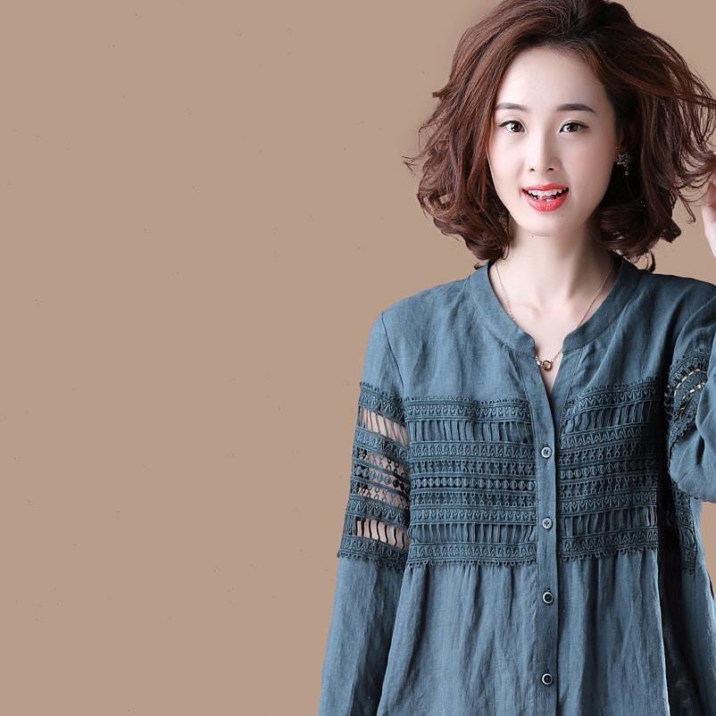 

autumn long sleeve casual cotton women blouses fashion v neck hollow out lace female plus size p195, White