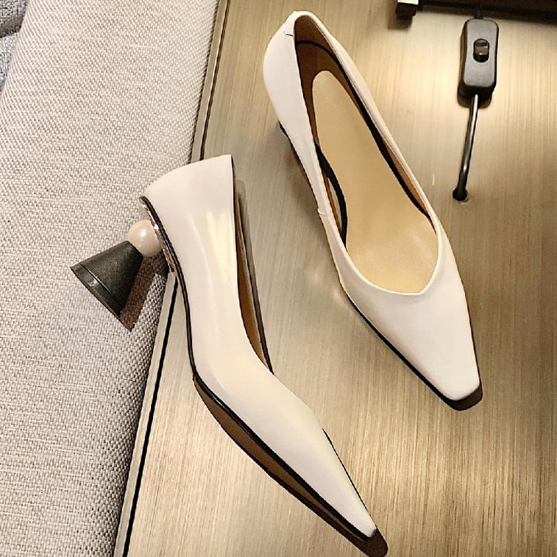 

Dress Shoes Women's Genuine Leather Pointed Toe Slip-on Pumps Elegant Ladies OL Style High Heel Spring Quality Heels, Beige