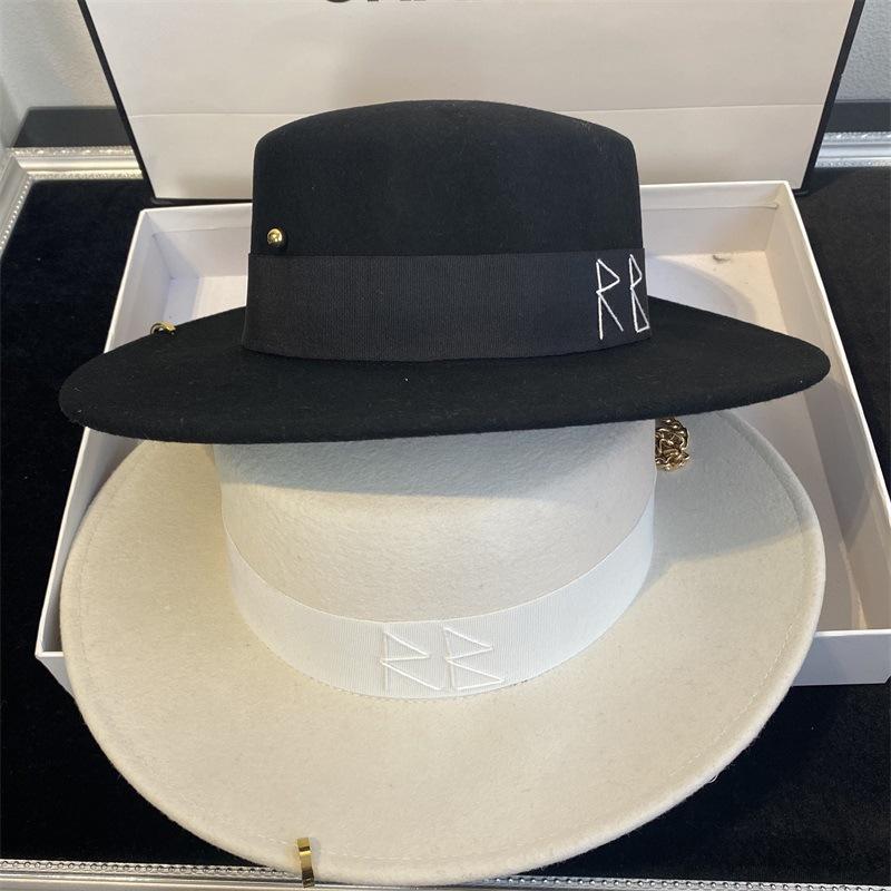 

Wide Brim Hats Original Women Black British Wool Hat Fashion Party Flat Top Fedora Chain Strap Pin Lady Wedding Porkpie, White