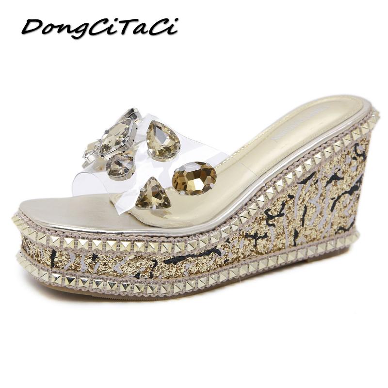 

DongCiTaCi Summer Women Platforms Peep Toe Wedge Sandals Shoes Woman Rivets Bling Crystal Muffin Bottom Clear High Heels, Black