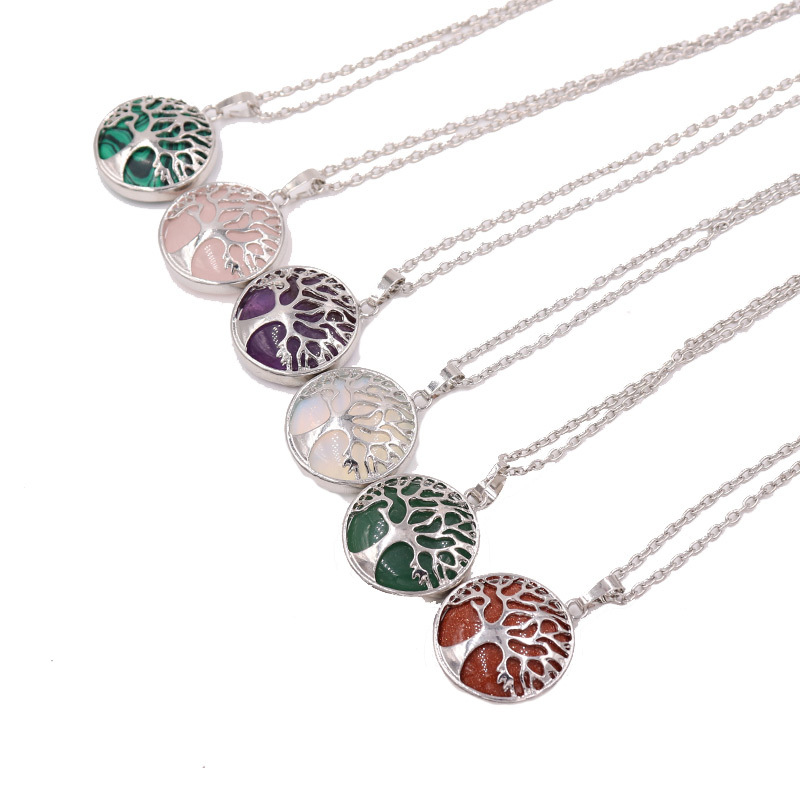 Cadeau de couple coloré pierre naturelle tigre Onyx vie d'arbre pendentif collier avec chaîne en argent en gros
