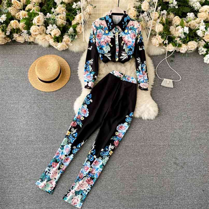 

Elegant OL Flower Printing Trousers Set Women Lapel Long-sleeved Hit color Shirt Blouse female + Pencil Pants Two-piece Female 210602, Black