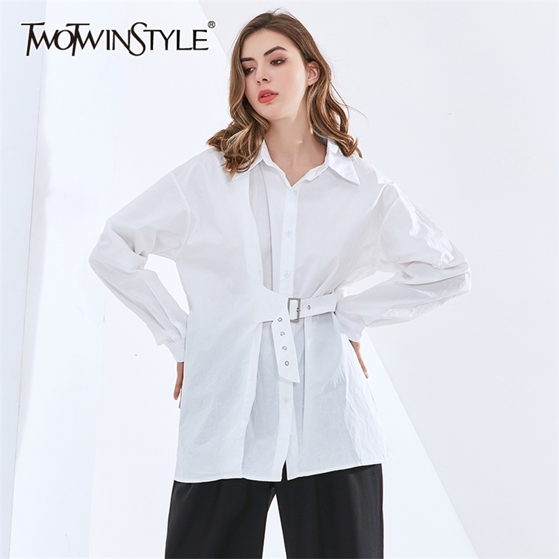

Solid Shirts For Women Lapel Long Sleeve Patchwork Sashes Ruched Loose Minimalism Blouses Female Fall Clothing 210524, White