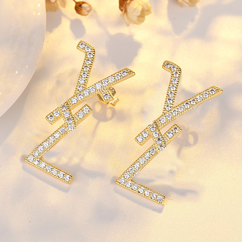

Classic Letter Diamond Charm Earrings Women Gold Silver Eardrop Alphabet Rhinestone Studs Wholesale, Golden