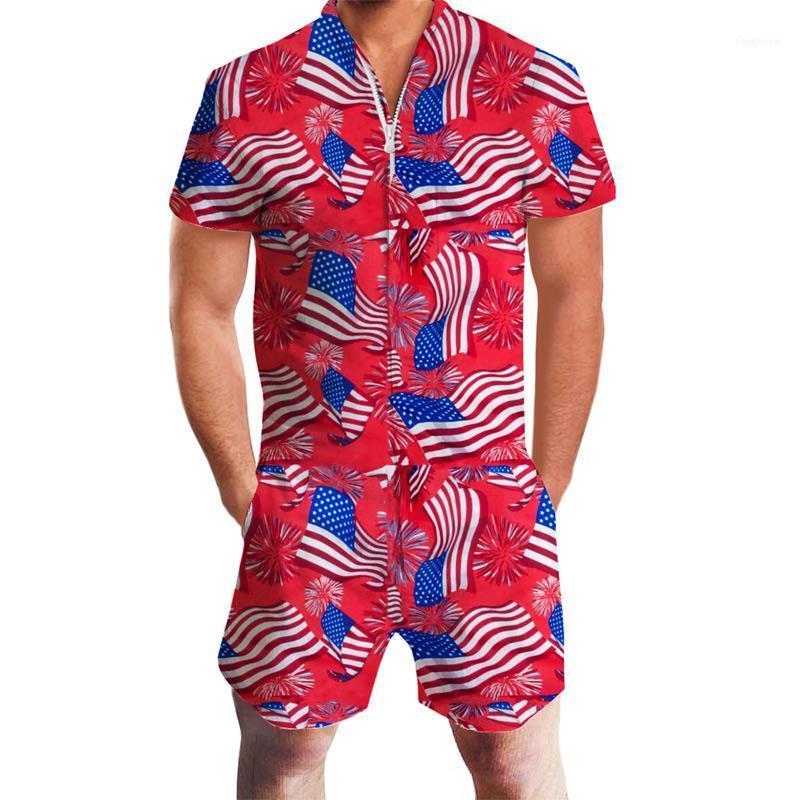 

Men's Tracksuits 2021 Fashion Men Rompers Short Sleeve US Flag Beach Male Fit Jumpsuit Cool Cargo Single Breasted Tops Trousers Overalls1, Gray