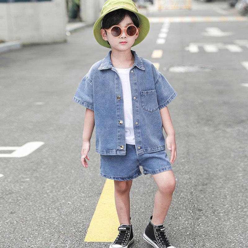 

Clothing Sets Children Fashion Solid Color Casual Outfit Kids Boys Denim Short Sleeve Shirt Coat + Five Points Jeans 2pcs Set 10 11 12 13 14, White