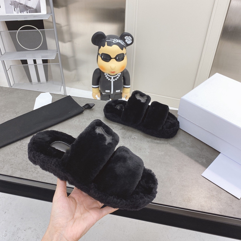 

Luxury Slippers Women Designer Slides Sandal Autumn Winter Wool Furry Trendy Flat hfhuf Wool Lamb Hair Letters Wear All-match Fashionable Fu, Black