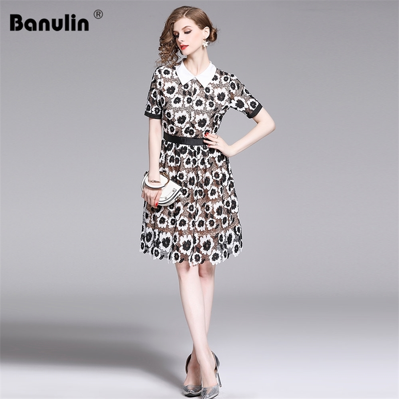 

Banulin Fashion Designer Runway self portrait Dress Women's Puff Sleeve Flowers Embroidery Retro Patchwork Lace 210603, Black