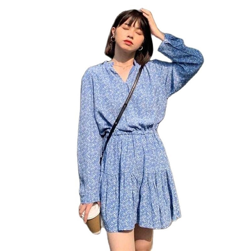 

Waist V-neck Sexy Dress Women French Floral Mini Skirt Summer Korean Fashion women's clothing 210520, Blue