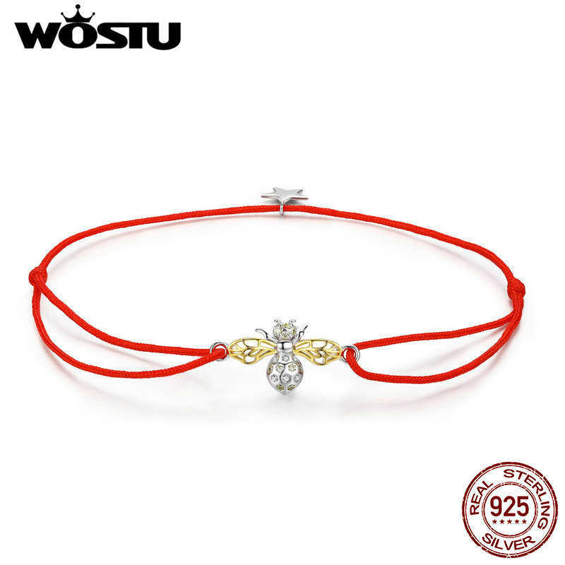 

WOSTU Authentic 925 Sterling Silver Red Rope Bee Bracelet For Women Mean Lucky Every Day Jewelry Gift CQB156, Golden;silver