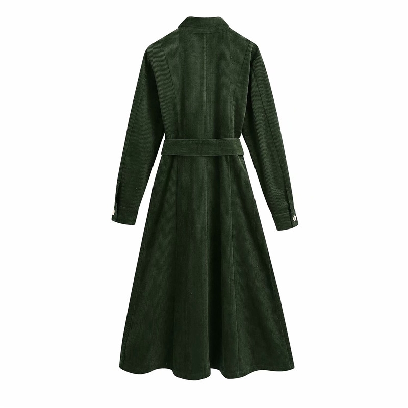 Casual Dresses Women Autumn Za Green Corduroy A-Line Long Female Fashion Single Breasted Slim Shirt Dress With Belt Chic 7YPY-image-703051676