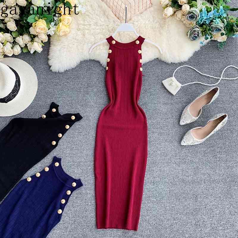

Gaganight Sleeveless Halter Bodycon Dress Women Summer Autumn Slim Knitting Dresses Ladies Elegant Button Tank Vestidos 210519, White