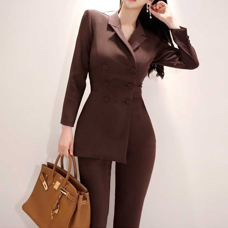 

Office Ladies Irregular Double Breasted Women Jumpsuit Notched Elegant Ankle-length Pant Jumpsuits Slim Waist Long Playsuit 210525, Beige
