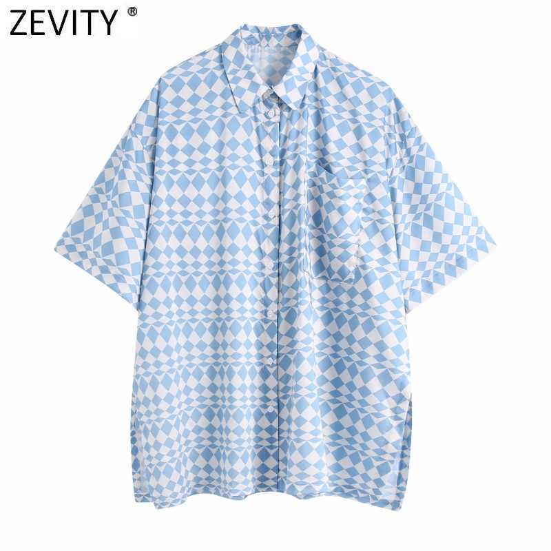 

Zevity Women Vintage Geometric Print Casual Smock Blouse Office Lady Short Sleeve Side Split Shirts Chic Blusas Tops LS9227 210603, As pic ls9227bb