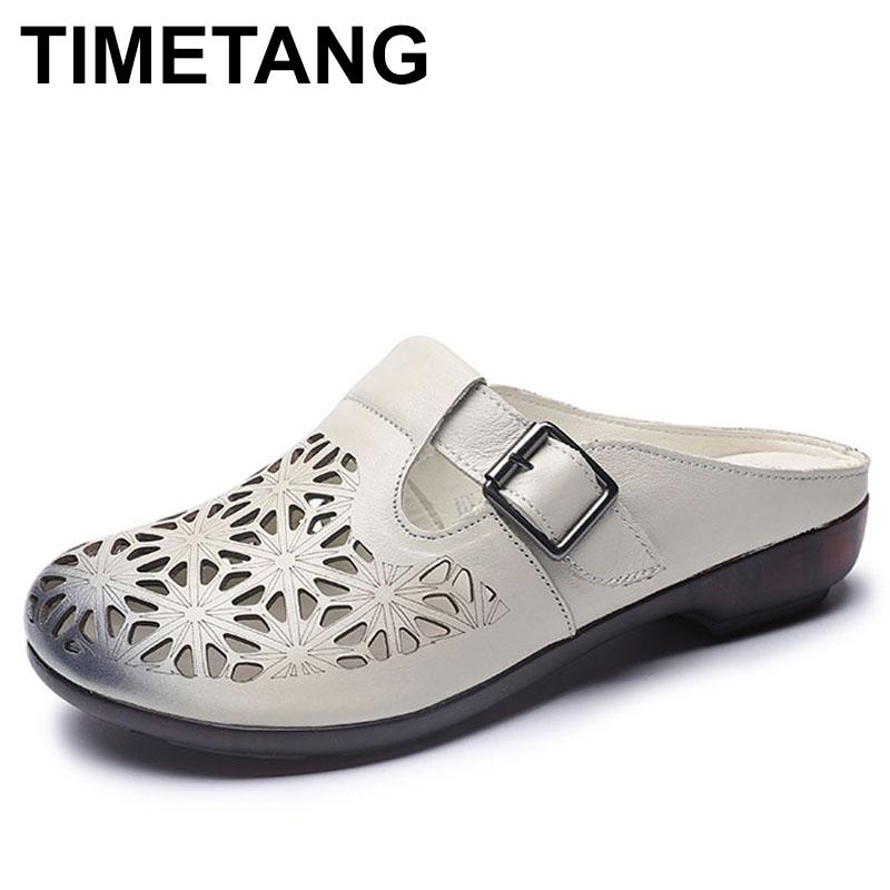 

Slippers TIMETANG Women Genuine Leather Summer Flat Slides SlipOn Shoes Hollow Outside Sandals Ladies SlidesE787, Black