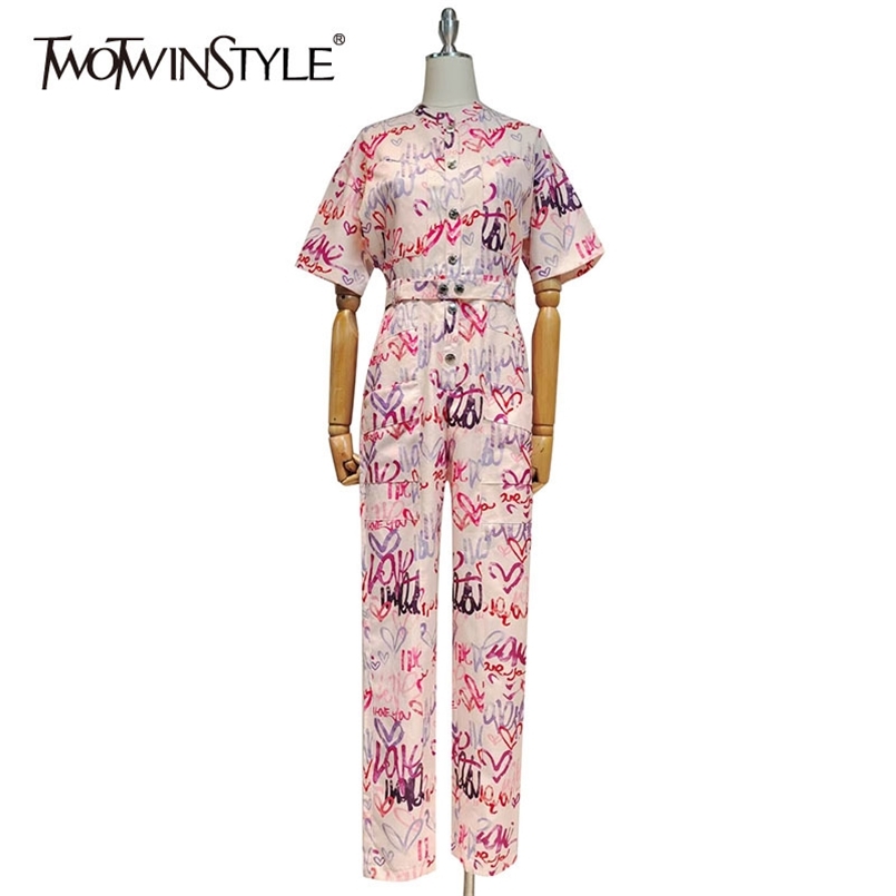 

Print Letter Jumpsuit For Women O Neck Short Sleeve High Waist Sashes Hit Color Casual Jumpsuits Female Fashion 210521, Aspicture