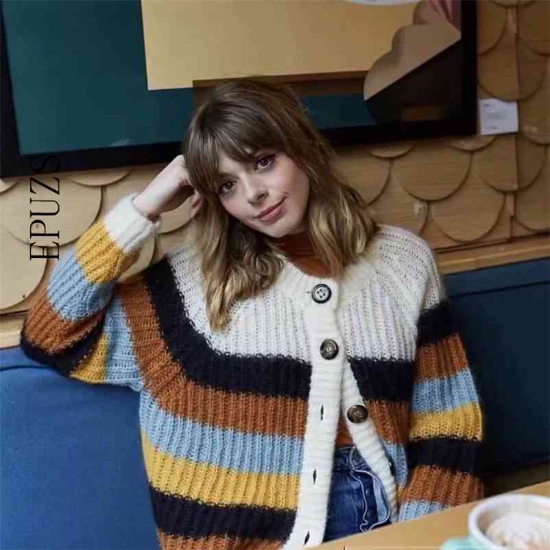 

vintage stripe knitted cardigan sweater women long sleeve Sexy V Neck korean 210521, Beige