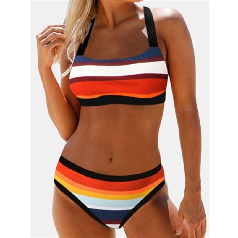 

Women Colorful Stripe Print Back String Bikini Backless Swimwear Bathing Suits Striped Swimsuit KZ090 210630, Beige