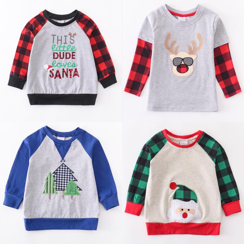 

T-shirts Girlymax Christmas Little Dude Loves Santa Plaid Gingham Boys Long Sleeves Top Boutique Cotton Kids Clothing, Blue