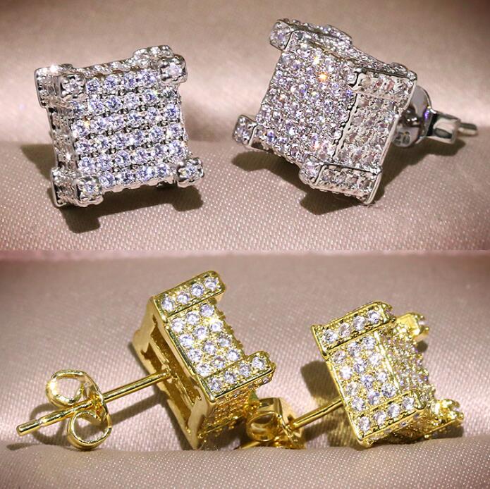 

Hip Hop Stud Earrings with Shining Crystal Diamond Stone for Men Gold Silver Iced Out CZ Square Earring Jewelry Gift, Golden;silver