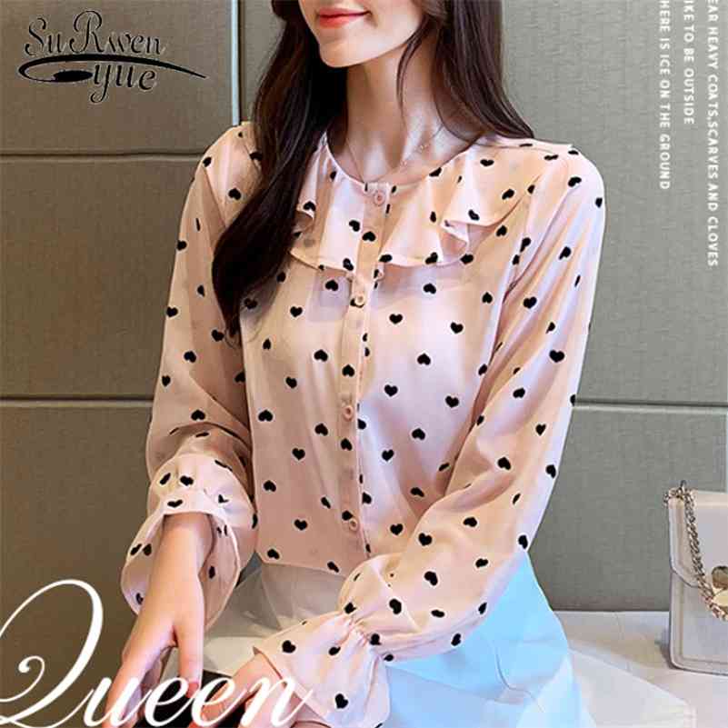 

Autumn Fashion Shirts for Women Casual O-neck Printed Women Chiffon Blouses Long Sleeve Sweet Style Women Tops 6200 50 210518, Pink