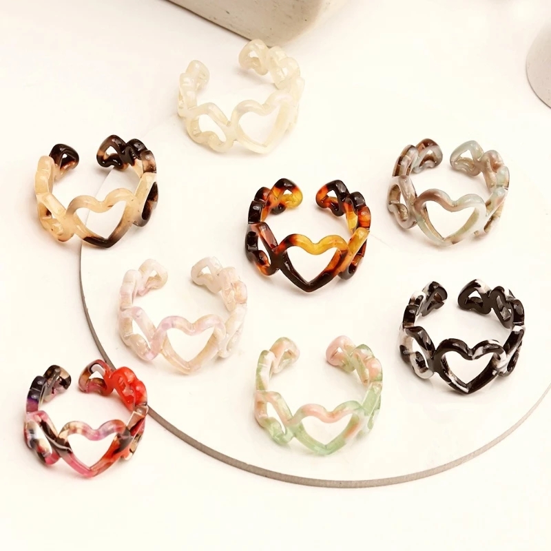 

Leopard Retro Colorful Resin Rings Hollow Heart Finger Ring Geometric Opening Acetic Acid Acrylic Chain Ring for Women Jewelry