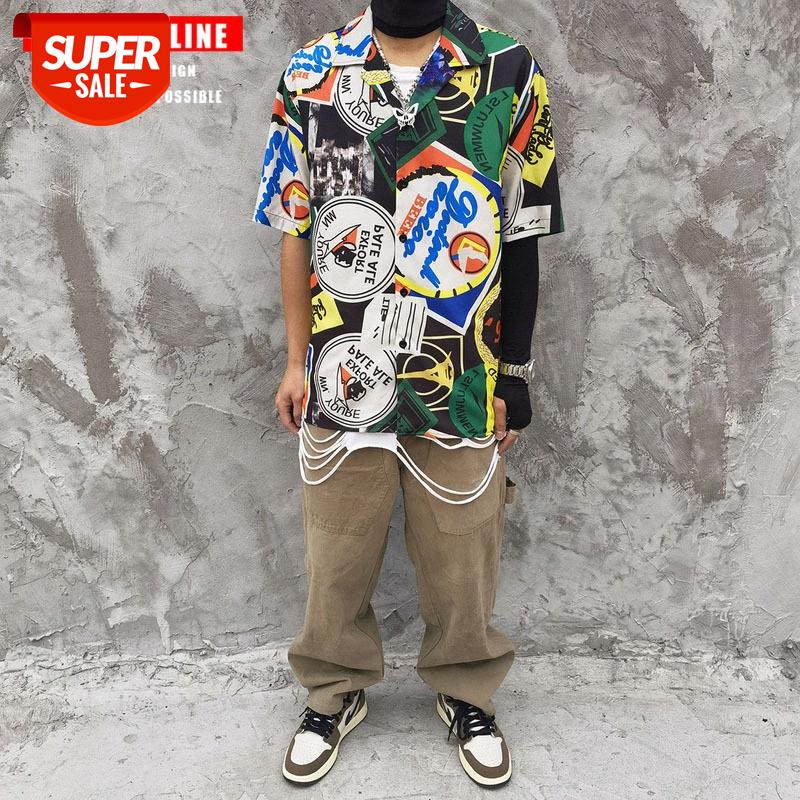 

TKPA hip-hop printed short-sleeved shirt for men and women retro loose bf wind casual fried street flower #0c0s, White;black