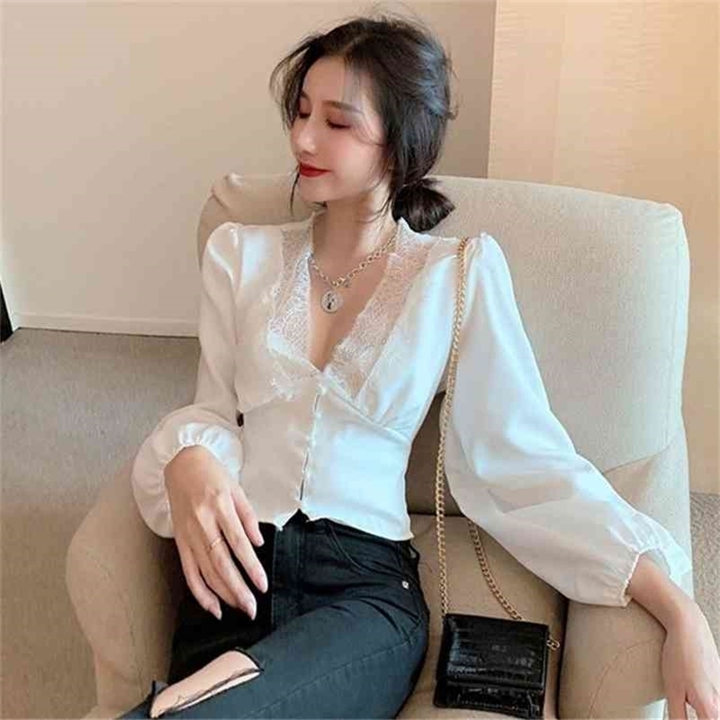

Women Spring Autumn V-neck Tops Female Retro Solid Lace Button Sleeve Shirts Vintage Casual Slim Blouses 210519, White